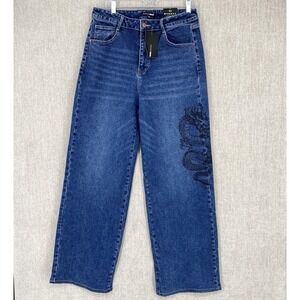Fashion Nova Jeans Women 11 Blue Dragon You Around Slouch Fit Graphic Wide Leg